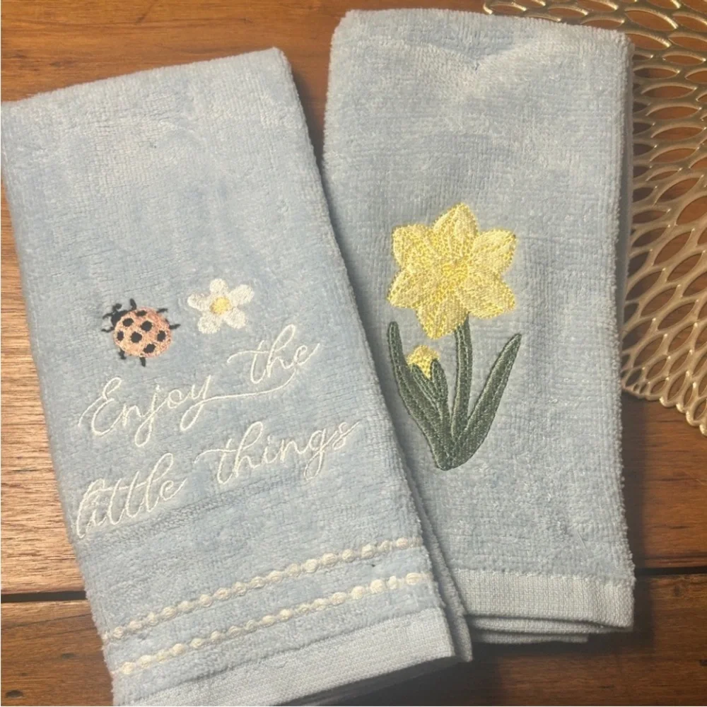 Lady Bug Daffodil Finger Tip Towel Set of 2 Embroidered Light Blue Terry Cloth